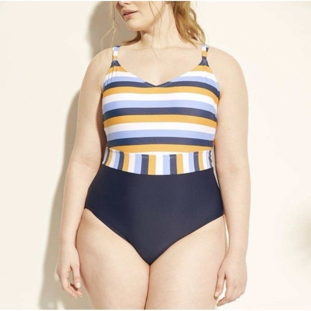 Kona Sol Swimsuit 1 Pc Women's 22W Navy Blue Yellow White Stripe Strappy Back
